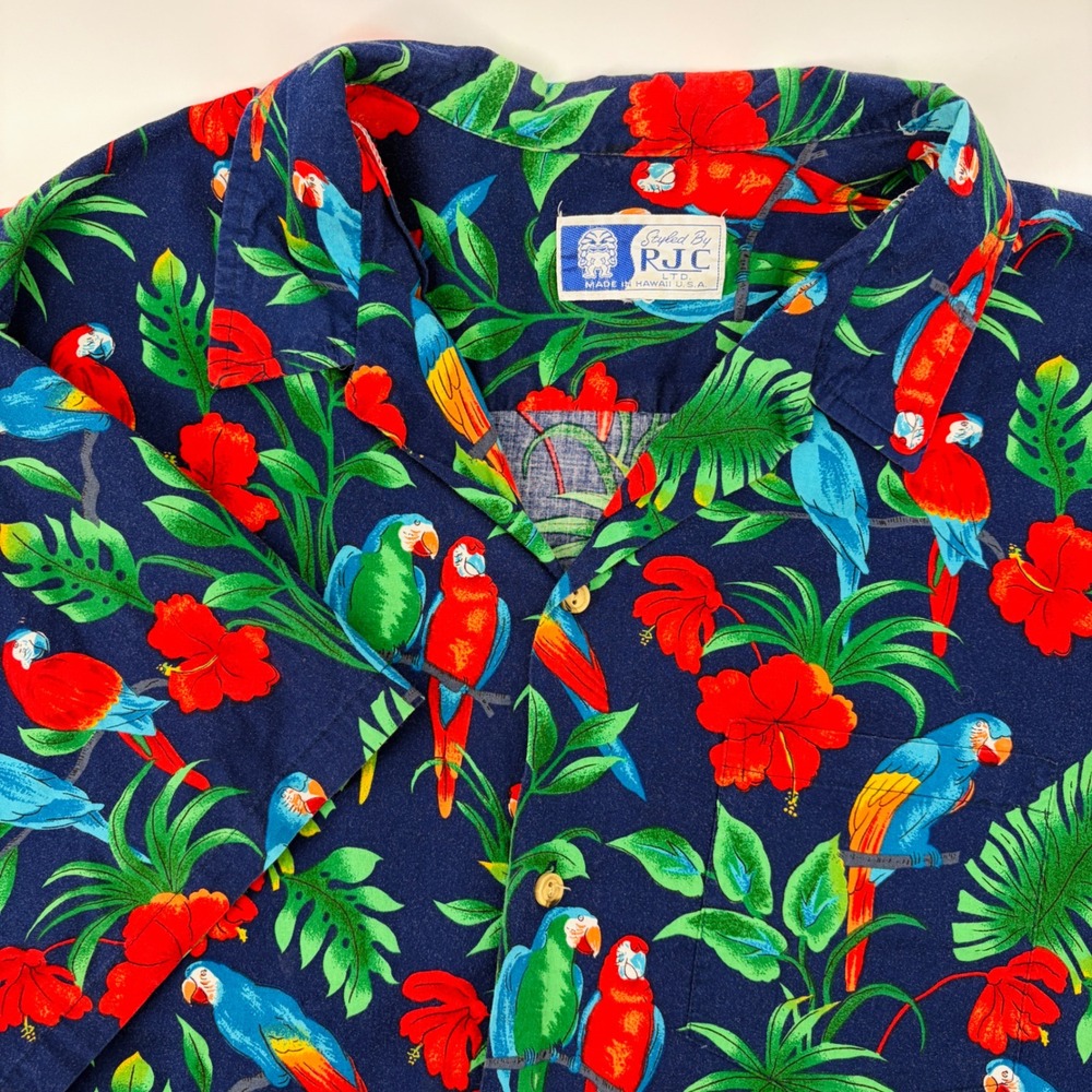 Vtg Hawaiian Shirt Mens L RJC USA Parrot Hibiscus Tropical Aloha Short Sleeve